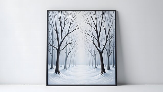 Pixel art of a snowy path through a forest, the trees are bare and covered in snow, creating a serene and peaceful winter scene