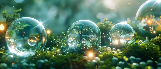 Enchanting spheres nestled in vibrant greenery, encapsulating miniature natural worlds with a dreamy bokeh effect and glowing light particles