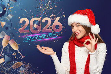 Smiling woman in santa hat celebrating 2026 new year – holiday greeting and party concept
