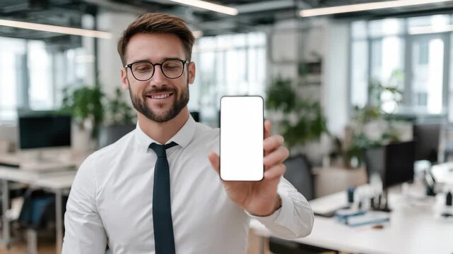Smiling businessman showcases mobile phone with blank screen in modern office setting during daytime - Powered by Adobe