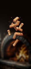 crunchy baked crackers set on background of a clay oven with fire. Sample image for package design