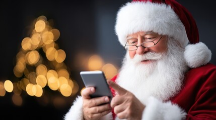 Santa Claus Jolly man in red suit with white beard is using smartphone while sitting in cozy room decorated for holidays, showcasing modern technology in festive atmosphere