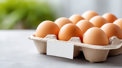 Fresh brown eggs arranged in a carton on a kitchen countertop, with a soft blurred background, showcasing natural food ingredients and culinary potential for recipes