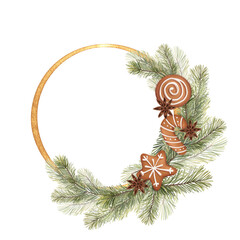 Isolated illustration of a round golden frame decorated with hand-drawn pine branches, gingerbread cookies, and star anise