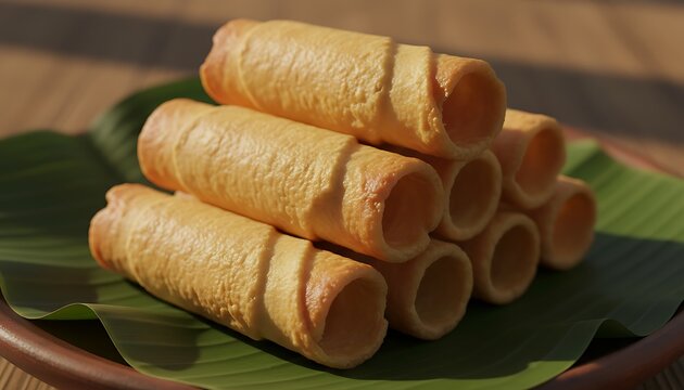 Golden crispy rolled wafer cookies stacked on a fresh green banana leaf on a rustic plate.