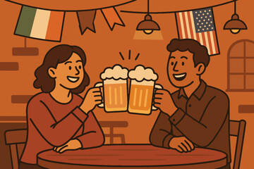 Happy couple cheers with beer mugs at a cozy pub decorated with irish and american flags