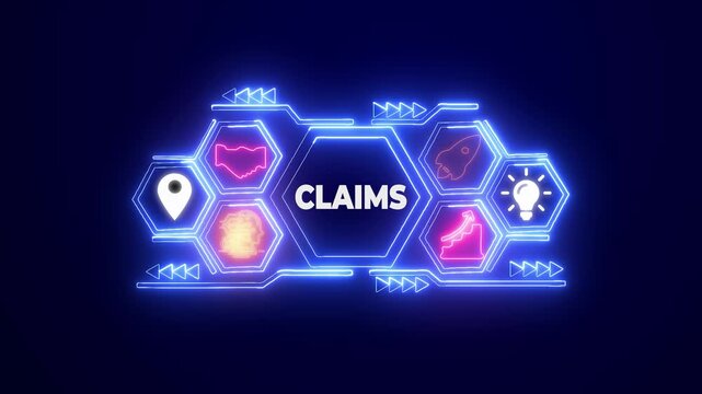 Digital claims process network with icons for success growth idea location and partnership on