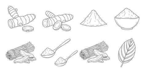 Turmeric root and powder illustration for culinary and medicinal applications use