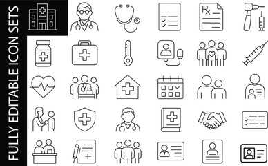 Minimal editable line icon set for hospital, doctor service, medical treatment, health care tools, diagnosis and patient support