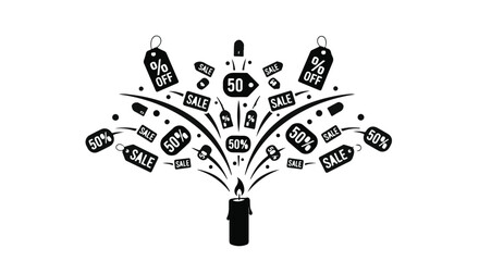 Explosion of sale tags and discounts erupting from a lit candle, symbolizing celebratory savings