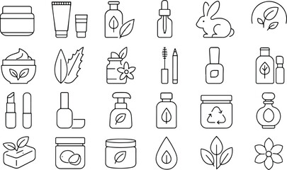 Minimal editable line icon set for organic beauty, skincare, natural cosmetics, cruelty free products and herbal wellness items