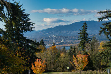 A view of North Vancouver with the autumn leaves.  from Burnaby Mt., BC, Canada
