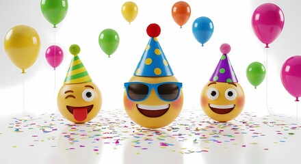Happy 3d Emojis Wearing Party Hats and Sunglasses with Vibrant Balloons and Scattered Confetti