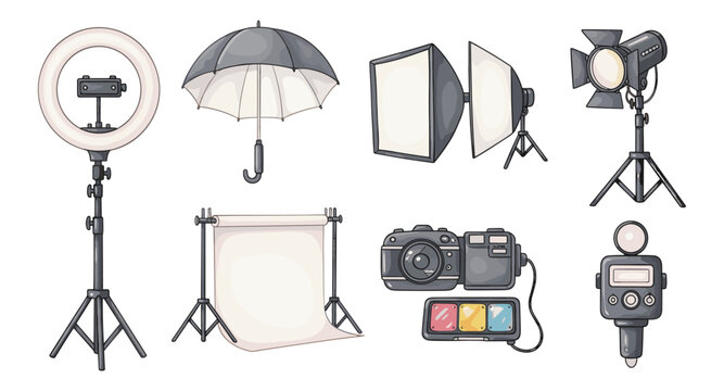 Flat design photography equipment collection with cameras and lighting