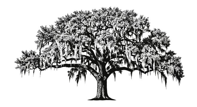 A detailed black and white illustration of a large oak tree with hanging Spanish moss.