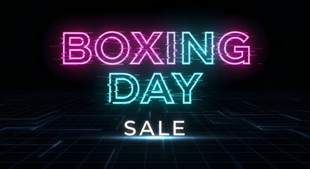 Boxing Day Sale Vibrant Neon Digital Glitch on Dark Futuristic Background