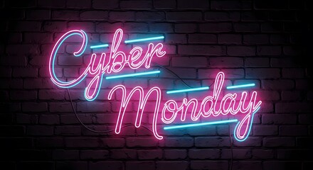 Cyber Monday Glowing Neon Sign with Vibrant Pink and Blue Lights on Dark Brick Wall Background for Sales Promotion