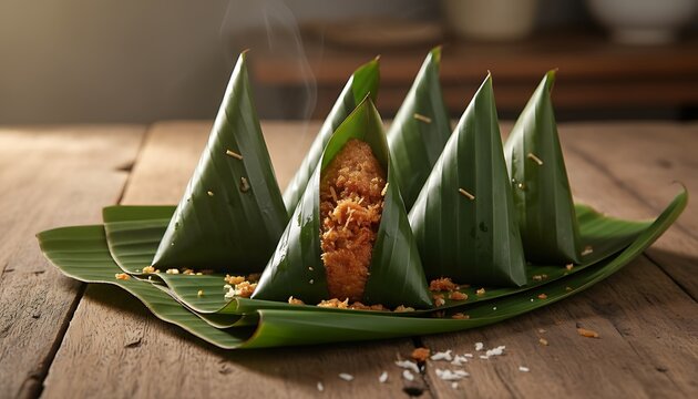 Traditional Asian sweet treats wrapped in banana leaves, served warm on a rustic wooden table