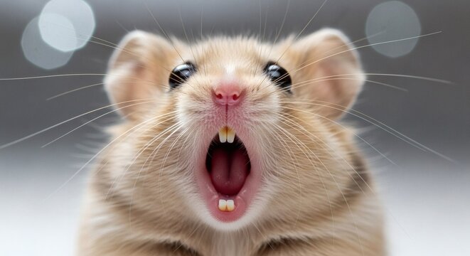 Cute Small Hamster with Mouth Wide Open Expressing Surprise or Yawning Pet Rodent Close Up
