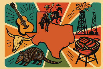 Vibrant texas state outline collage featuring cowboy rodeo guitar longhorn skull armadillo and oil derrick