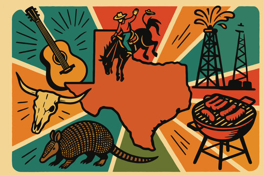 Vibrant texas state outline collage featuring cowboy rodeo guitar longhorn skull armadillo and oil derrick