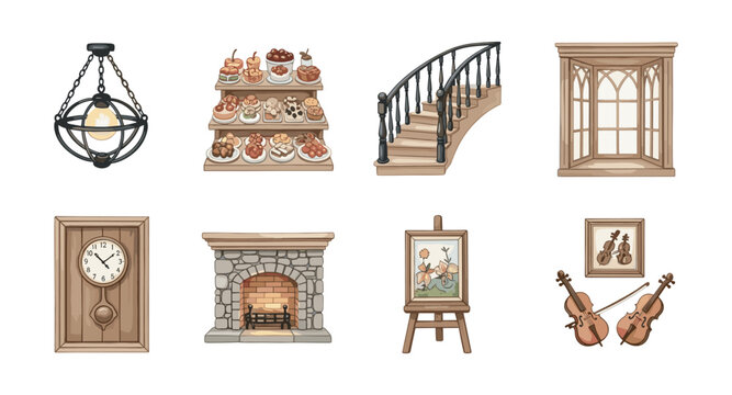 Cozy home elements and vintage decor with lantern, desserts, staircase, and musical instruments