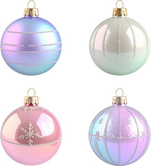Pastel Christmas ornaments set with glitter decorations, shiny glass baubles in pink blue and white