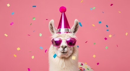 Cheerful White Llama Wearing Pink Party Hat and Sunglasses on Pink Background with Colorful Confetti