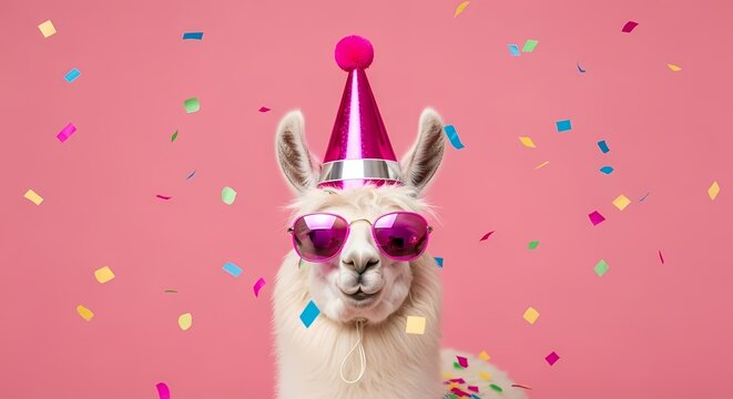 Cheerful White Llama Wearing Pink Party Hat and Sunglasses on Pink Background with Colorful Confetti