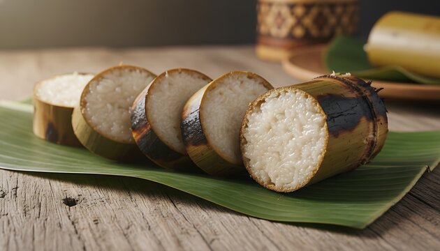 Sliced lemang traditional sticky rice cooked in bamboo on a banana leaf.