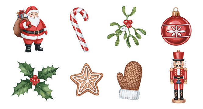 Festive christmas elements: santa, candy cane, nutcracker, ornaments, and more