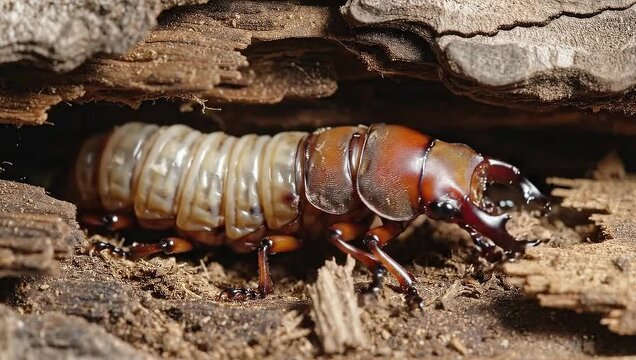 A macro photograph of a large beetle larva, a grub with powerful mandibles, burrowing into decaying wood in its natural habitat