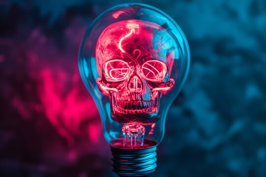 Unique skull-shaped light bulb illuminated with vibrant neon colors, creating a striking visual contrast against a textured blue and pink background, symbolizing creativity and innovation