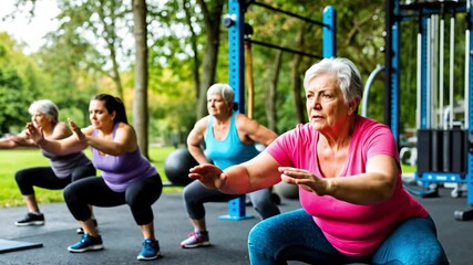 Focused older women doing squats with determination in an outdoor fitness class setting