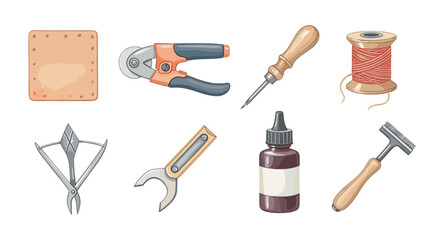 Watercolor sewing and leathercraft tools collection on white background