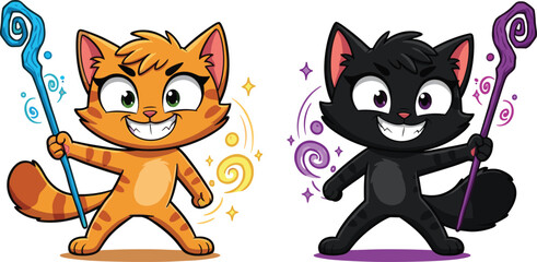 Cartoon Magical Cats Holding Colorful Swirl Staffs with Fantasy Effects and Mischievous Expressions on White Background Vector Art