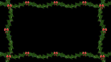 A clean, festive frame with green leaves, tiny lights, and small red ribbons. This design element has a transparent background.