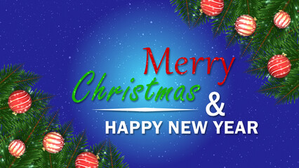 A seasonal design with pine branches and red baubles. A winter celebration message is in the center on a blue backdrop.