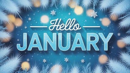 Hello january text with frosty border and bokeh lights