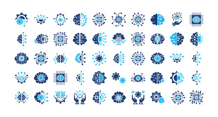 Artificial intelligence and technology management icon set collection. Containing mind, operation, think, networking, intelligence, touch, brain .Solid vector icons collection