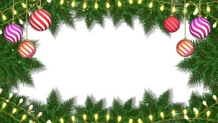 Colorful striped baubles hang from pine boughs decorated with warm lights. This festive frame has a blank center for your text.