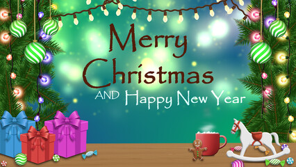 A warm seasonal greeting for Christmas and New Year. Scene includes presents, a rocking horse, and hot chocolate on a wooden table.