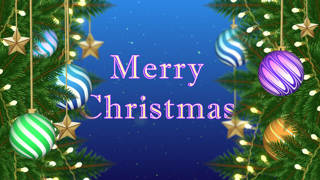 Green branches surround colorful ornaments shining over a blue backdrop. The center holds a warm Merry Christmas message with soft glowing light.