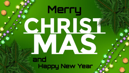 A "Merry Christmas" greeting card design. A green background with modern text is framed by decorative corners with lights and trees