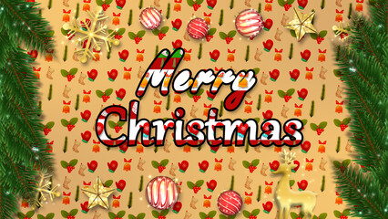 A bold Merry Christmas text over a holiday pattern background. The design is framed by fir trees and golden decorations.