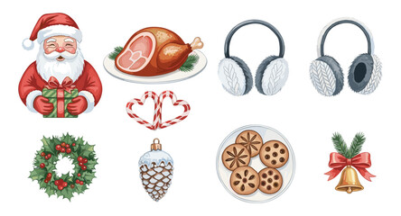 Festive holiday icons with santa, roast turkey, wreaths, and cookies in watercolor style