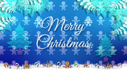 Frosty blue branches and trees frame a Merry Christmas message. Icy gingerbread men and snowflakes complete the chilly winter design.
