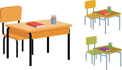 Minimalist illustration of school desk and chair with book and pencil holder, educational classroom furniture design for learning study workspace concept © W. Fernandez