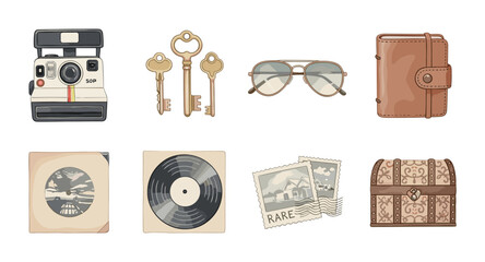 Retro icons collection: photography, travel, and music elements in vintage style