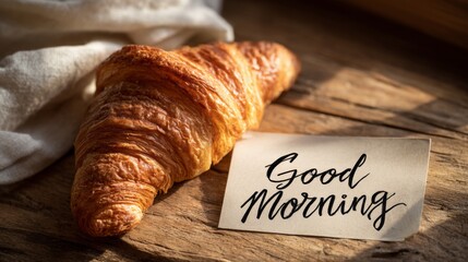 Handwritten Good Morning Note Beside Freshly Baked Croissant on Rustic Wooden Surface